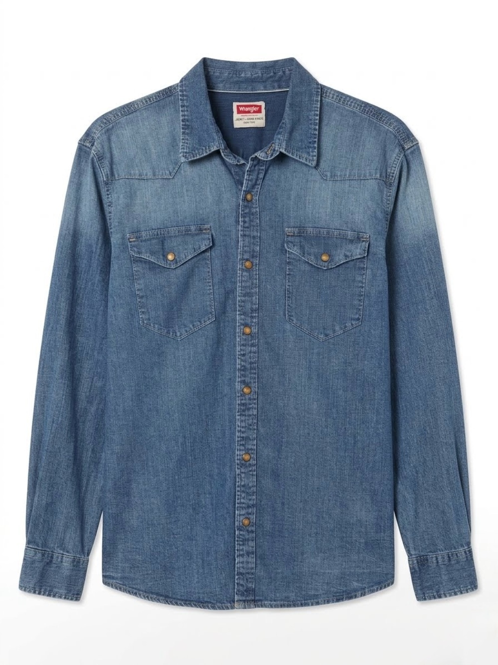 Wrangler Western Blue Denim Pearl Snap Shirt XL Stretch Rodeo Cowboy Cut